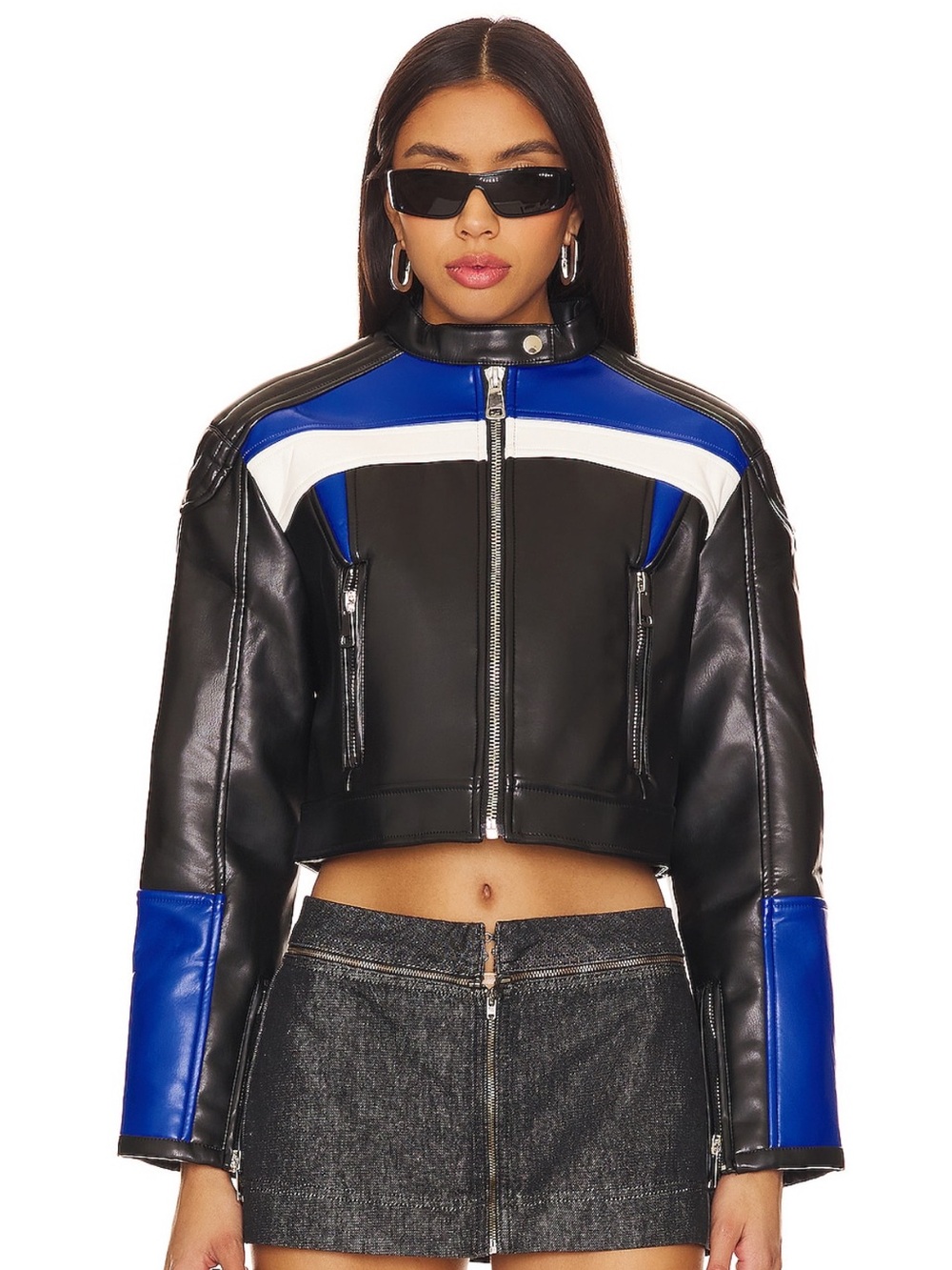 Black & Blue Cropped Faux Leather Moto Jacket - lioness